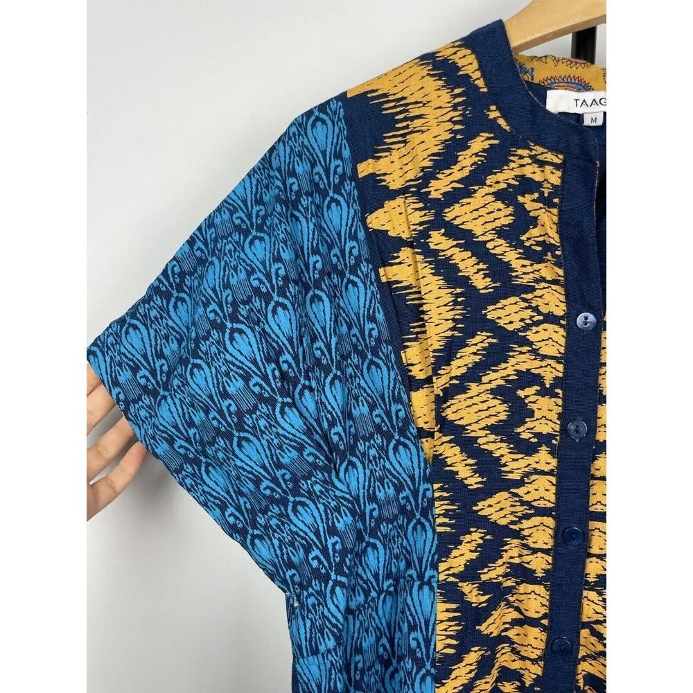 Taaga Blue Yellow Abstract Print Short Sleeve Midi Button Up Kaften Dress Size M